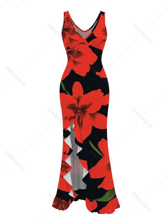 Vacation Couple Outfit Gladiolus Flower Print V Neck Slit Ruffle Mermaid Bodycon Dress and Long Sleeve Shirt Set - Rouge S | US 4
