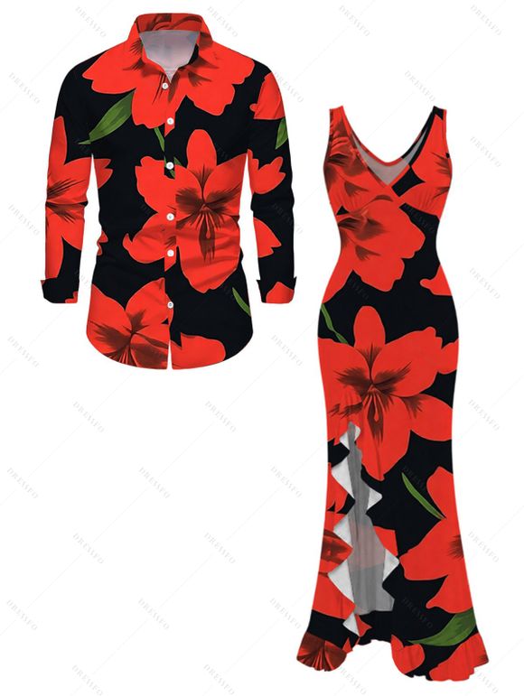 Vacation Couple Outfit Gladiolus Flower Print V Neck Slit Ruffle Mermaid Bodycon Dress and Long Sleeve Shirt Set - Rouge S | US 4