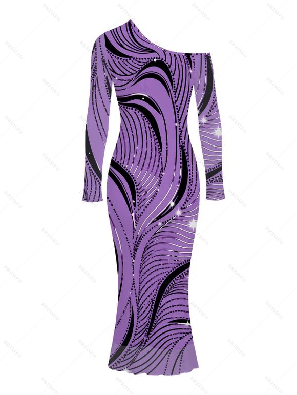 Elegant Dress Wave Line Rhinestone Print Mesh Panel Skew Neck Long Sleeve Bodycon Dress - Pourpre XXL | US 14