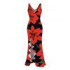Vacation Dress Gladiolus Flower Print V Neck Slit Ruffle Mermaid Bodycon Dress - Rouge L | US 8-10