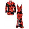 Vacation Couple Outfit Gladiolus Flower Print V Neck Slit Ruffle Mermaid Bodycon Dress and Long Sleeve Shirt Set - Rouge S | US 4