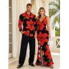 Vacation Couple Outfit Gladiolus Flower Print V Neck Slit Ruffle Mermaid Bodycon Dress and Long Sleeve Shirt Set - Rouge S | US 4