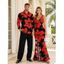 Vacation Couple Outfit Gladiolus Flower Print V Neck Slit Ruffle Mermaid Bodycon Dress and Long Sleeve Shirt Set - Rouge S | US 4