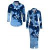 Vacation Couple Outfit Faux Denim Patchwork Floral Print Ruched Button Up Bodycon Shirt Dress and Long Sleeve Shirt Set - Bleu S | US 4