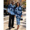 Vacation Couple Outfit Faux Denim Patchwork Floral Print Ruched Button Up Bodycon Shirt Dress and Long Sleeve Shirt Set - Bleu S | US 4