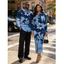 Vacation Couple Outfit Faux Denim Patchwork Floral Print Ruched Button Up Bodycon Shirt Dress and Long Sleeve Shirt Set - Bleu S | US 4