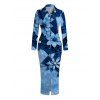 Vacation Couple Outfit Faux Denim Patchwork Floral Print Ruched Button Up Bodycon Shirt Dress and Long Sleeve Shirt Set - Bleu S | US 4