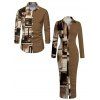 Winter Couple Outfit Colorblock Abstract Graffiti Print Ruched Button Up Bodycon Shirt Dress and Long Sleeve Shirt Set - marron foncé S | US 4