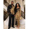 Elegant Party Couple Outfit Gold Glitter Scrollwork Print U Neck Bodycon Dress and Long Sleeve Shirt Set - Noir S | US 4
