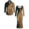 Elegant Party Couple Outfit Gold Glitter Scrollwork Print U Neck Bodycon Dress and Long Sleeve Shirt Set - Noir S | US 4