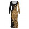 Elegant Party Couple Outfit Gold Glitter Scrollwork Print U Neck Bodycon Dress and Long Sleeve Shirt Set - Noir S | US 4