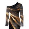 Party Couple Outfit Starry Galaxy Print Mesh Panel Skew Neck Bodycon Dress and Long Sleeve Shirt Set - marron foncé S | US 4