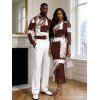 Vintage Couple Outfit Colorblock Abstract Brushstroke Graffiti Print Mesh Panel Skew Neck Bodycon Dress and Long Sleeve Shirt Set - Rouge Vineux S | US 4