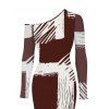Vintage Couple Outfit Colorblock Abstract Brushstroke Graffiti Print Mesh Panel Skew Neck Bodycon Dress and Long Sleeve Shirt Set - Rouge Vineux S | US 4