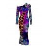 Ethnic Couple Outfit Leopard Mandala Floral Colorblock Print Mesh Panel Skew Neck Bodycon Dress and Long Sleeve Shirt Set - Concorde S | US 4