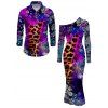 Ethnic Couple Outfit Leopard Mandala Floral Colorblock Print Mesh Panel Skew Neck Bodycon Dress and Long Sleeve Shirt Set - Concorde S | US 4