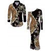 Vintage Couple Outfit Leopard Floral Leaf Print Mesh Panel Skew Neck Bodycon Dress and Long Sleeve Shirt Set - Noir S | US 4