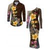 Vintage Vacation Couple Outfit Leopard Paisley Tropical Floral Print Mesh Panel Skew Neck Bodycon Dress and Long Sleeve Shirt Set - marron foncé S | US 4