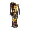 Vintage Vacation Couple Outfit Leopard Paisley Tropical Floral Print Mesh Panel Skew Neck Bodycon Dress and Long Sleeve Shirt Set - marron foncé S | US 4