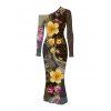 Vintage Vacation Couple Outfit Leopard Paisley Tropical Floral Print Mesh Panel Skew Neck Bodycon Dress and Long Sleeve Shirt Set - marron foncé S | US 4