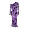 Winter Couple Outfit Wave Line Rhinestone Print Mesh Panel Skew Neck Bodycon Dres and Long Sleeve Shirt Set - Pourpre S | US 4