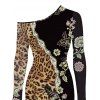 Vintage Party Dress Leopard Floral Leaf Print Mesh Panel Skew Neck Bodycon Dress - marron foncé XXL | US 14