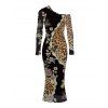 Vintage Party Dress Leopard Floral Leaf Print Mesh Panel Skew Neck Bodycon Dress - marron foncé S | US 4