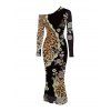 Vintage Party Dress Leopard Floral Leaf Print Mesh Panel Skew Neck Bodycon Dress - marron foncé XXL | US 14