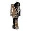 Vintage Party Dress Leopard Floral Leaf Print Mesh Panel Skew Neck Bodycon Dress - marron foncé XXL | US 14
