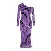 Elegant Dress Wave Line Rhinestone Print Mesh Panel Skew Neck Long Sleeve Bodycon Dress - Pourpre XXL | US 14