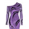Elegant Dress Wave Line Rhinestone Print Mesh Panel Skew Neck Long Sleeve Bodycon Dress - Pourpre XL | US 12