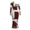 Elegant Party Dress Colorblock Abstract Brushstroke Graffiti Print Mesh Panel Skew Neck Long Sleeve Bodycon Dress - Rouge Vineux XXL | US 14