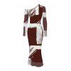Elegant Party Dress Colorblock Abstract Brushstroke Graffiti Print Mesh Panel Skew Neck Long Sleeve Bodycon Dress - Rouge Vineux XXL | US 14