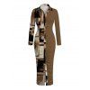 Winter Shirt Dress Colorblock Abstract Graffiti Print Ruched Button Up Long Sleeve Bodycon Dress - marron foncé XXL | US 14