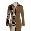 Winter Shirt Dress Colorblock Abstract Graffiti Print Ruched Button Up Long Sleeve Bodycon Dress - marron foncé XXL | US 14