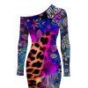 Ethnic Style Dress Leopard Mandala Floral Colorblock Print Mesh Panel Skew Neck Bodycon Dress - Concorde XXL | US 14