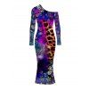 Ethnic Style Dress Leopard Mandala Floral Colorblock Print Mesh Panel Skew Neck Bodycon Dress - Concorde XXL | US 14