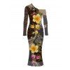 Elegant Vacation Dress Leopard Paisley Tropical Floral Print Mesh Panel Skew Neck Bodycon Dress - marron foncé XXL | US 14