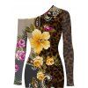 Elegant Vacation Dress Leopard Paisley Tropical Floral Print Mesh Panel Skew Neck Bodycon Dress - marron foncé XXL | US 14
