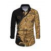 Men's Party Shirt Gold Glitter Scrollwork Print Button Up Long Sleeve Shirt - Noir L