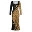 Elegant Party Dress Gold Glitter Scrollwork Print U Neck Long Sleeve Bodycon Dress - Noir XXL | US 14