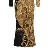 Elegant Party Dress Gold Glitter Scrollwork Print U Neck Long Sleeve Bodycon Dress - Noir XXL | US 14