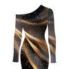 Elegant Party Dress Starry Galaxy Print Mesh Panel Skew Neck Long Sleeve Bodycon Dress - marron foncé XXL | US 14