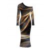 Elegant Party Dress Starry Galaxy Print Mesh Panel Skew Neck Long Sleeve Bodycon Dress - marron foncé XXL | US 14
