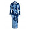 Vacation Shirt Dress Faux Denim Patchwork Floral Print Ruched Button Up Long Sleeve Bodycon Dress - Bleu XXL | US 14