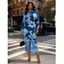 Vacation Shirt Dress Faux Denim Patchwork Floral Print Ruched Button Up Long Sleeve Bodycon Dress - Bleu XXL | US 14