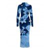 Vacation Shirt Dress Faux Denim Patchwork Floral Print Ruched Button Up Long Sleeve Bodycon Dress - Bleu XXL | US 14