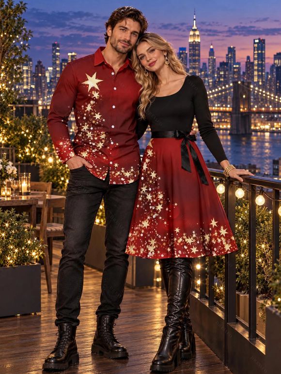 Christmas Couple Outfit Star Print Crossover Belt Dress and Long Sleeve Shirt Set - Rouge Vineux S | US 4
