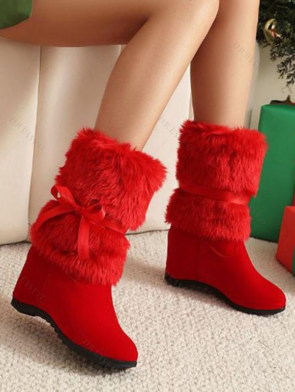 Cute Bow Faux Fur Lined Hidden Wedge Holiday Boots - Rouge EU 43