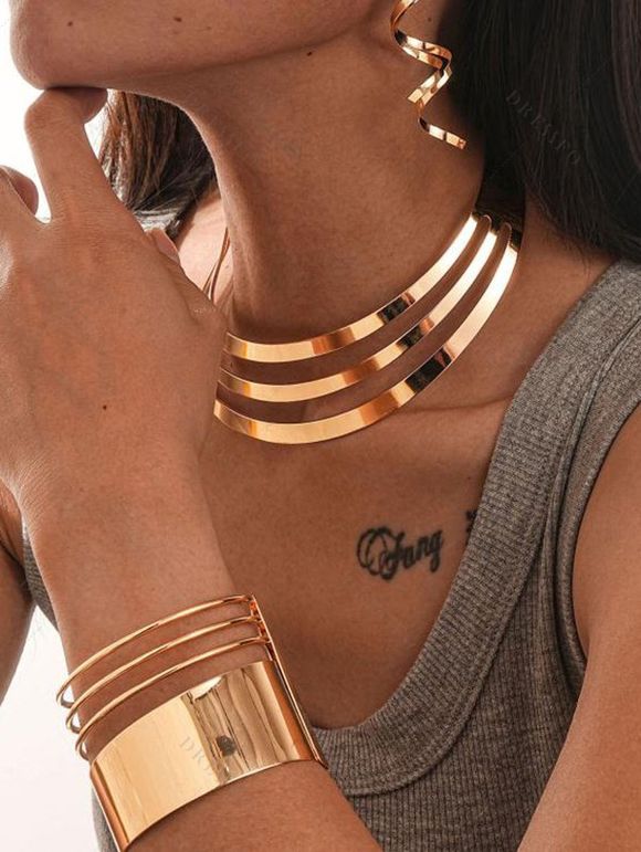 Sculptural Multi-Layer Collar, Open Cuff & Spiral Earrings Necklace - d'or 